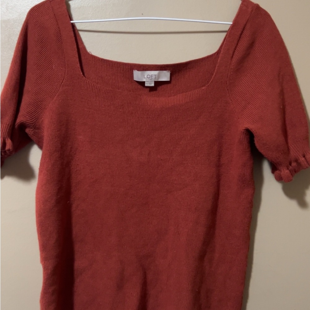 LOFT Orange Puff Sleeve Square Neck Top